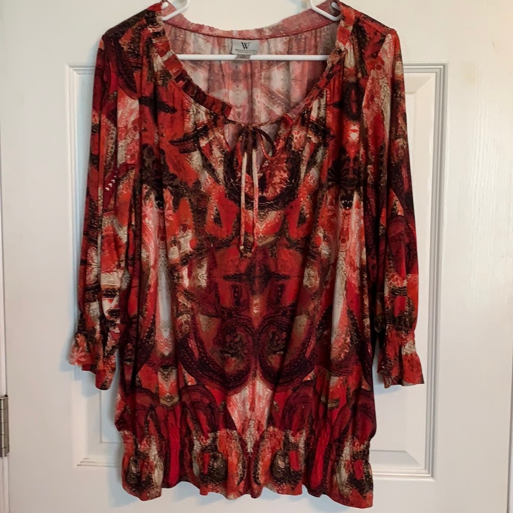 Worthington PL Gathered Blouse Red Black Tan